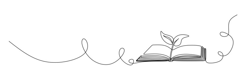 Drawing of an open book with a plant sprout in one continuous line. Symbol of education  reading and writing in one line style . 