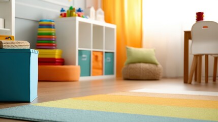 Obraz premium Bright and colorful playroom with toys, cozy seating, and vibrant curtains in a sunny atmosphere