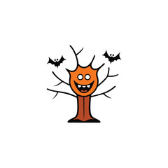 Laughing Halloween tree with cobweb beard and bats