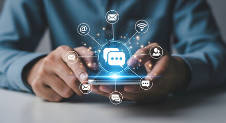 Person using smartphone, engaging in digital communication via multiple channels, showcasing seamless connectivity and instant messaging.