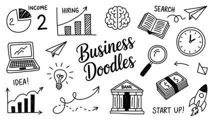 Business and Management Doodle Icons – Vintage Hand Drawn Vector Clipart – Line Sketch Illustrations for Planning, Strategy, Finance, Teamwork, Leadership, Charts, and Office Supplies

