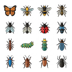 Vector icon collection of 16 colorful insect and spider illustrations in a 4x4 grid, including butterflies, bees, beetles, ants, and arachnids on white background