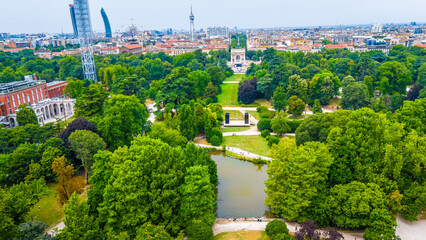 Aerial view of Arco della Pace in Milan, Italy