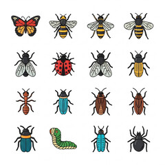 Vector icon collection of 16 colorful insect and spider illustrations in a 4x4 grid, including butterflies, bees, beetles, ants, and arachnids on white background