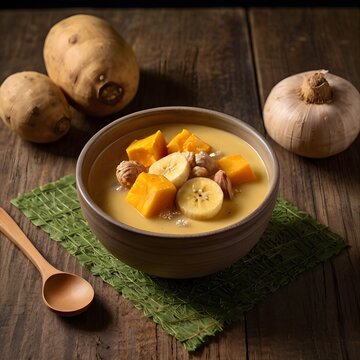 Warm Kolak. Popular Indonesian Sweet Soup with Banana, Sweet Potato, and Tapioca Pearls