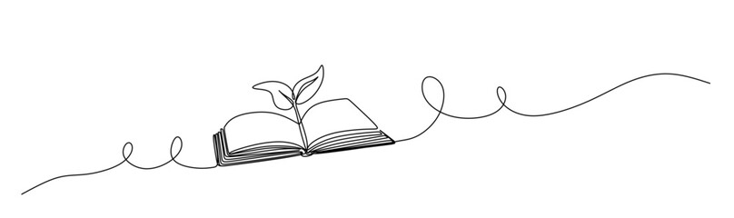 Drawing of an open book with a plant sprout in one continuous line. Symbol of education  reading and writing in one line style . 
