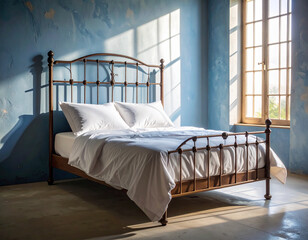 A beautifully lit bedroom with textured blue walls features an ornate brown iron bed frame with crisp white linens, bathed in warm sunlight streaming through a large window. Conveys comfort, home inte