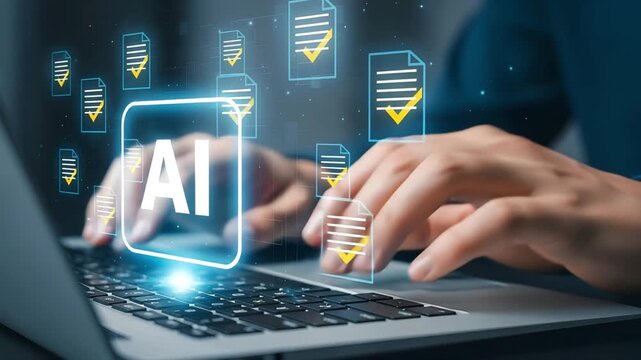 Businessman typing on laptop with glowing AI icon and digital documents, representing artificial intelligence automation in paperwork and task management in a modern office