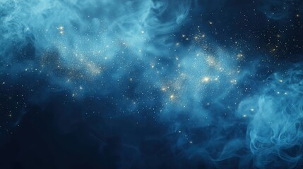 Fantastic smoke background. Magic smoke with glitter and small particles of twinkling stars, fog with luminous particles, blue vapor with stardust. Vector illustration.