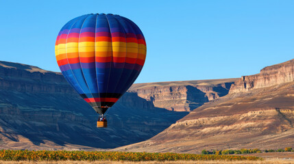 Colorful Hot Air Balloon Floating Above Scenic Mountain Landscape