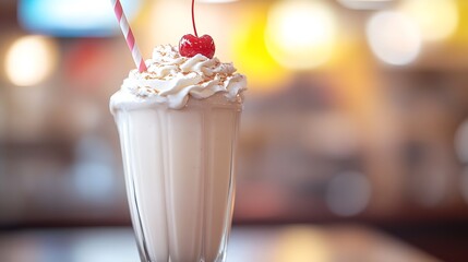 Creamy Milkshake Topped with Whipped Cream and a Cherry