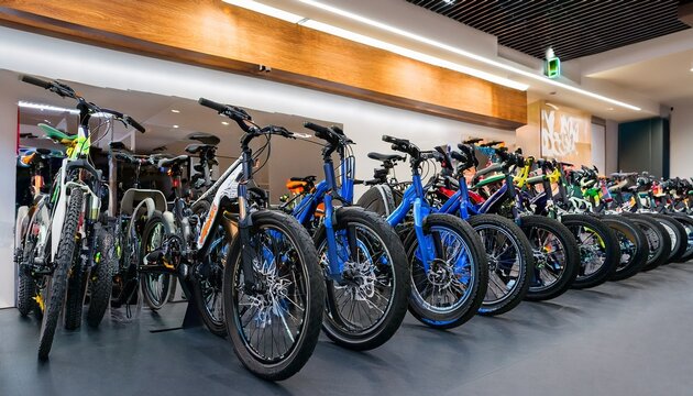 row of modern electric bikes displayed for sale in a bicycle shop - Powered by Adobe