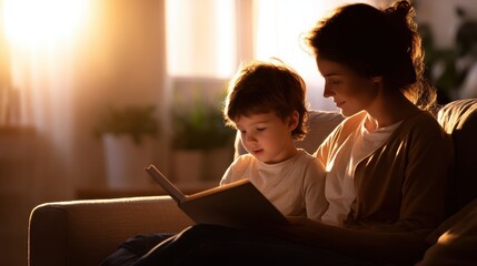 A mother reading a storybook to her young child in a cozy living room during sunset
