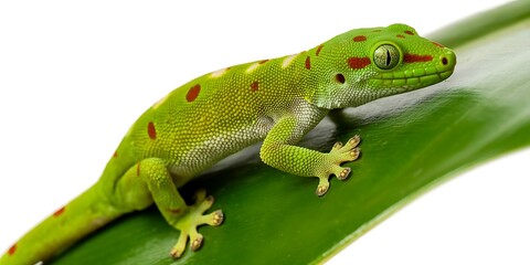 Fototapeta premium A gold dust day gecko, isolated on white background, is perched on a leaf, displaying its vibrant colors and unique patterns
