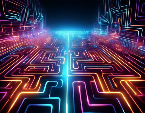 glowing neon digital pathways forming a maze like pattern on a dark background