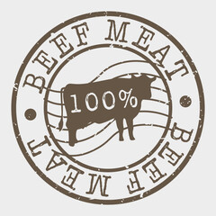 100% Beef Stamp Postal. Cattle Cow Silhouette Seal. Passport Round Design. Vector Icon. .
