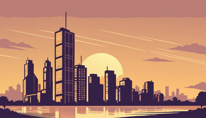 Obraz premium Vector Silhouette of Modern Cityscape in Golden Hour