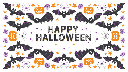 Obraz premium Happy halloween text surrounded by bats pumpkins stars and spiderwebs in a festive halloween border design