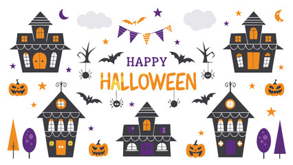 Halloween themed illustration with haunted houses, pumpkins, bats and happy halloween text