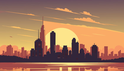 Obraz premium Urban City Skyline at Sunset with Water Reflection