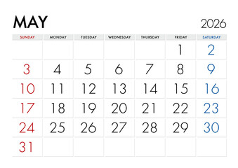 2026年5月のカレンダー日曜始まり 日本の祝日表記無し