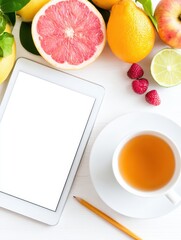 Fresh fruits arranged around a tablet and a cup of tea on a white wooden table