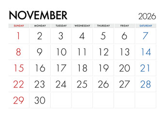 Obraz premium 2026年11月のカレンダー日曜始まり 日本の祝日表記無し