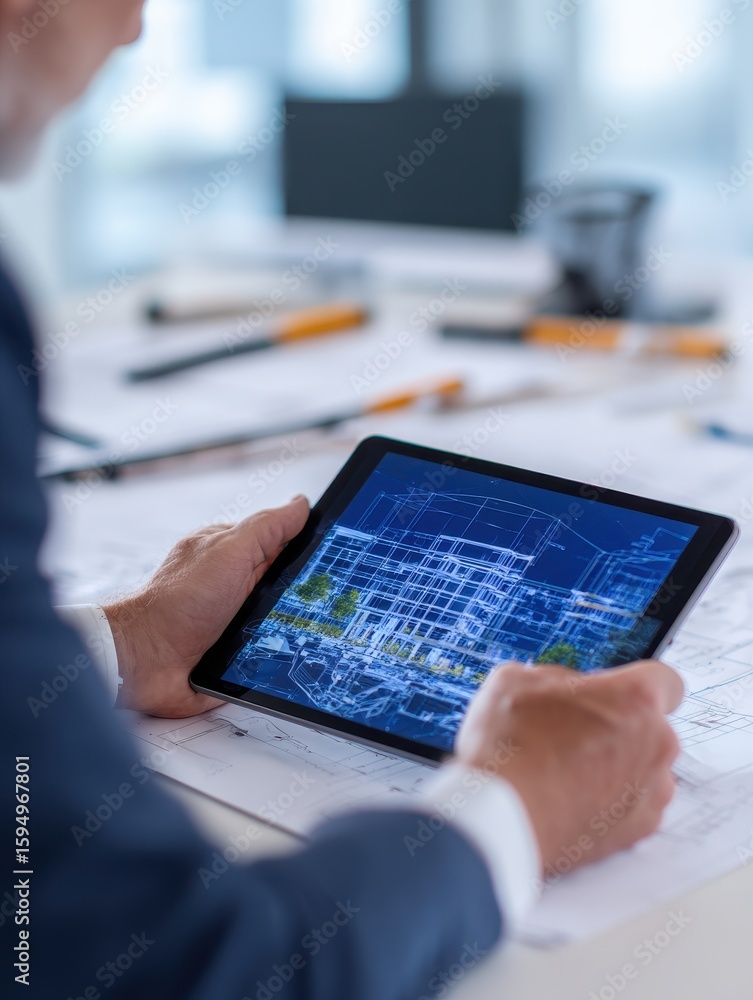 Poster professional architect analyzing building design on tablet amidst workspace blueprints
