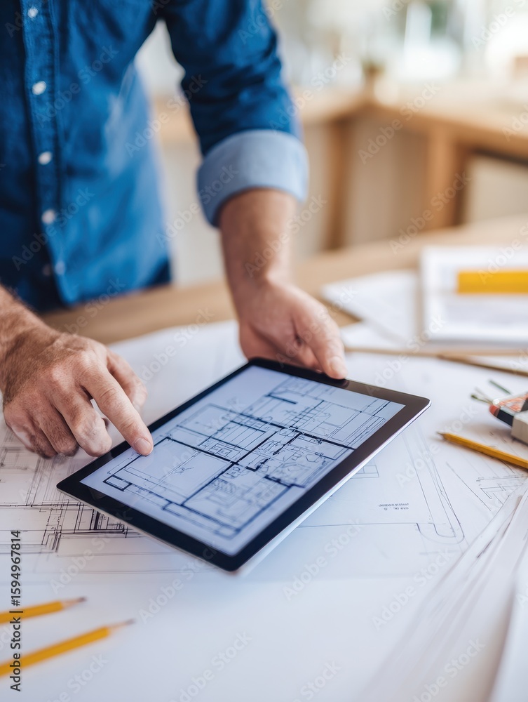 Poster architect reviewing blueprints on a tablet while surrounded by drafting tools and papers