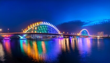 a panoramic view of the dragon bridge in da nang lit up at night with colorful lights reflecting in the river