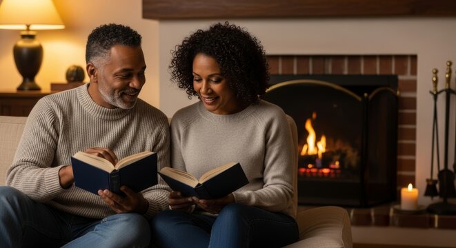Loving mature African American couple enjoying quiet evening reading books together on sofa by warm fireplace. Cozy home atmosphere, relationship goals concept.