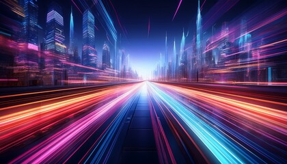 Obraz premium futuristic metropolis with motion blurred light trails high speed tech vibe