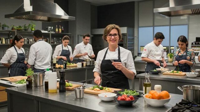 Chef instructs students in a culinary class kitchen