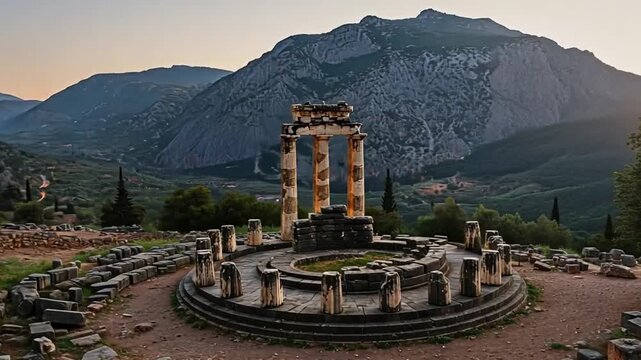 Sunset view of ancient ruins in Delphi, surrounded by mountains.