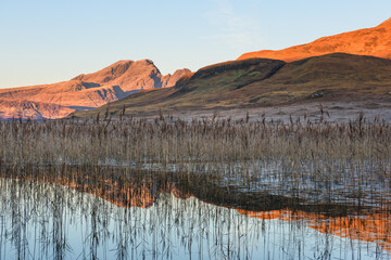 Blà Bheinn in winter morning sunlight seen from Loch Cill Chriosd on The Isle of Skye, Scotland, UK.