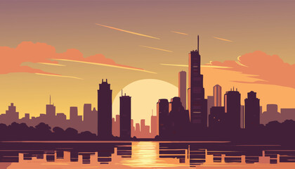 Naklejka premium Vector Silhouette of Modern Cityscape in Golden Hour