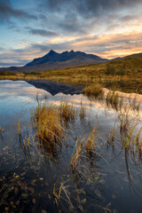 Cuillin mountains reflecting in Loch Nan Eilean near Sligachan on The Isle of Skye, Scotland, UK.