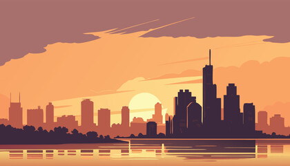 Vector Silhouette of Modern Cityscape in Golden Hour