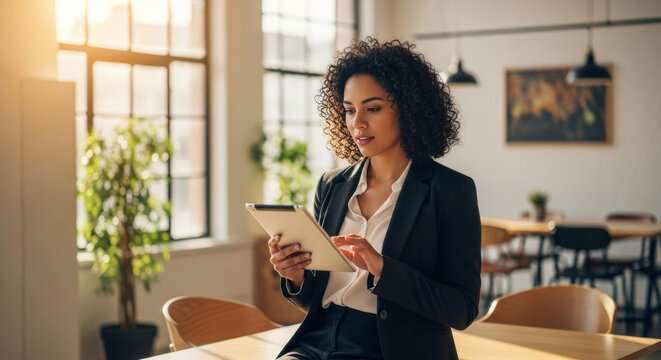 Young professional woman with curly hair using tablet in bright modern office. Natural lighting, business attire. Perfect for corporate, technology and workplace concepts.