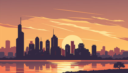 Obraz premium Vector Silhouette of Modern Cityscape in Golden Hour