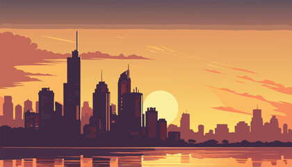 Obraz premium Urban City Skyline at Sunset with Water Reflection