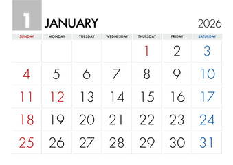 2026年1月のカレンダー日曜始まり