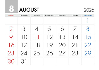 2026年8月のカレンダー日曜始まり