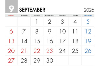 2026年9月のカレンダー日曜始まり