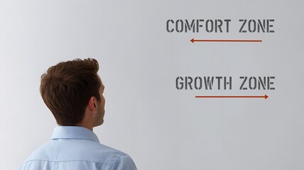 Man standing at wall with directions to COMFORT ZONE or GROWTH ZONE , concept of making decision to stay in comfort zone or step out taking risk and learn to grow
