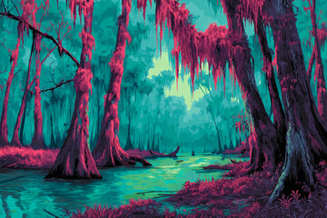 A vector illustration of a Louisiana bayou with exaggerated glowing moss patterns in Expressionist style