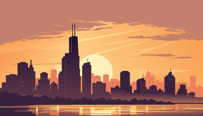 Obraz premium Vector Silhouette of Modern Cityscape in Golden Hour