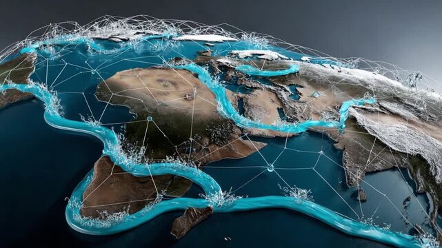 Data Visualization: An interconnected 3D model of Earth with glowing lines tracing global connections, visualizing data streams and networks across continents.