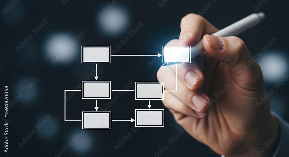 Aufkleber hand drawing a flowchart, illustrating a process or workflow, on a digital interface.