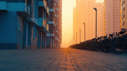 Serene urban landscape at sunset with bicycles lined along a quiet street amid modern buildings
